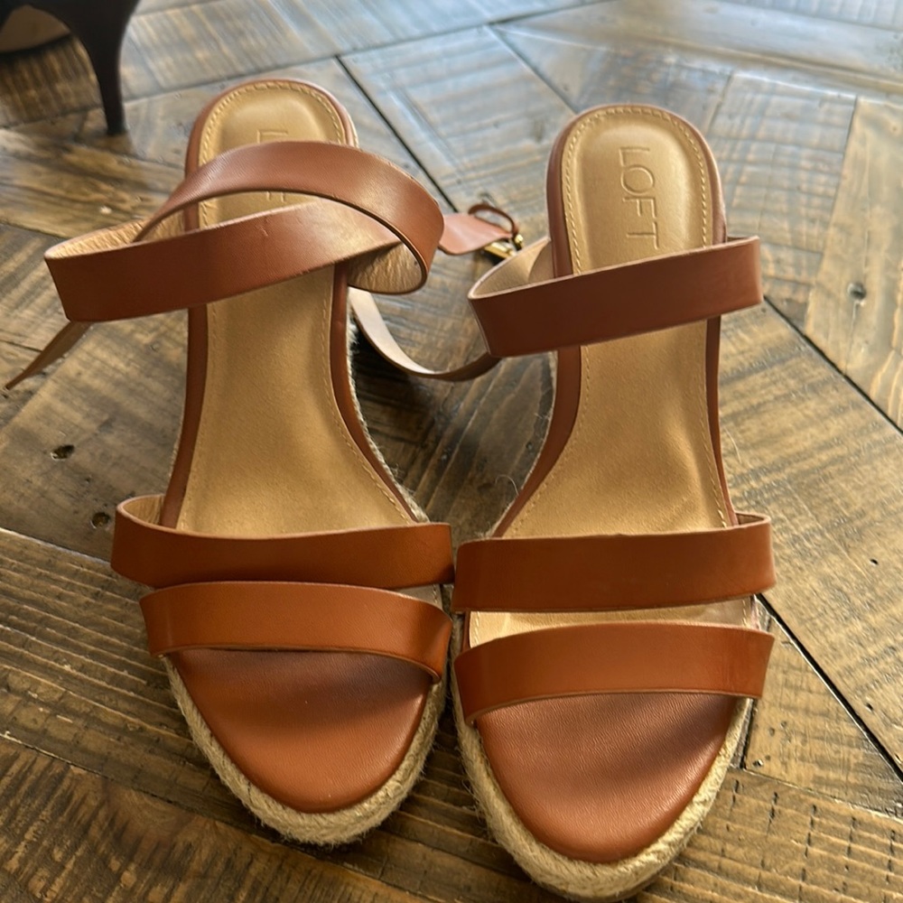 Brown loft wedge sandals. Wrap around ankle. Size 9.